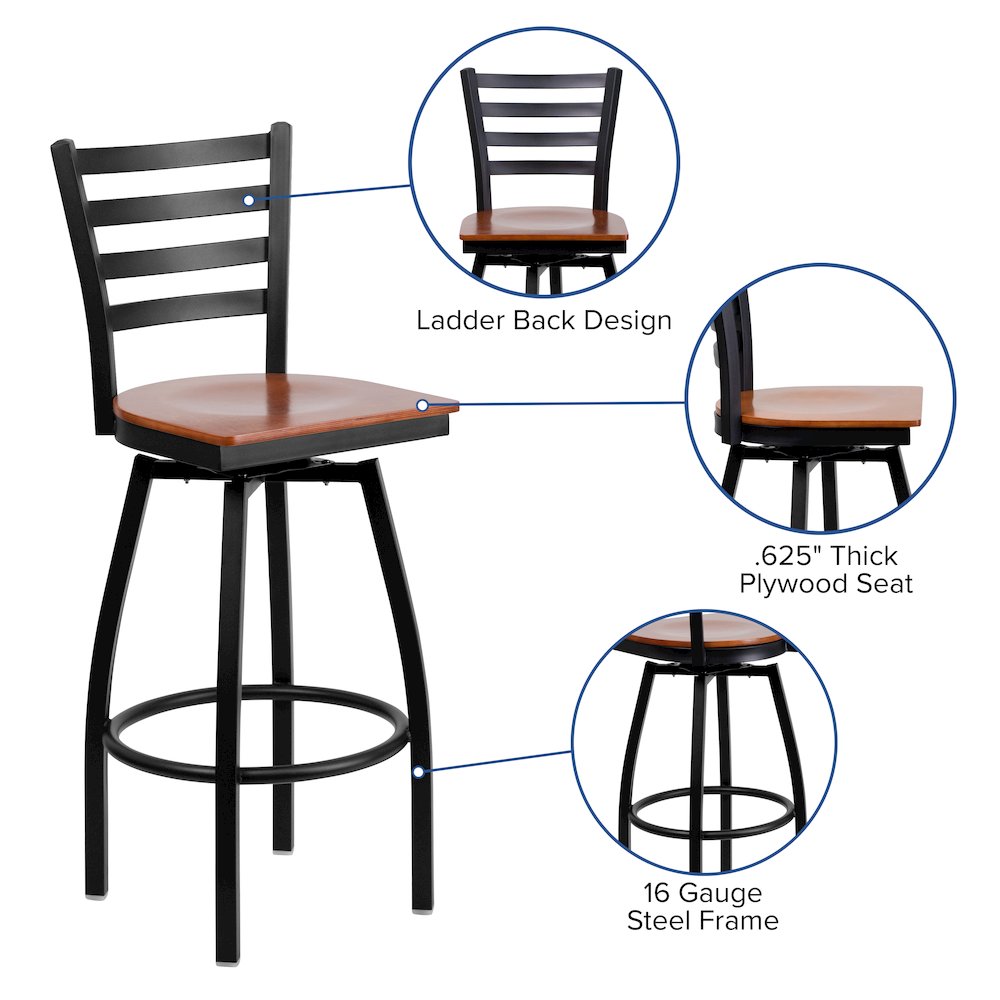 Black Ladder Back Swivel Metal Barstool – Cherry Wood Seat