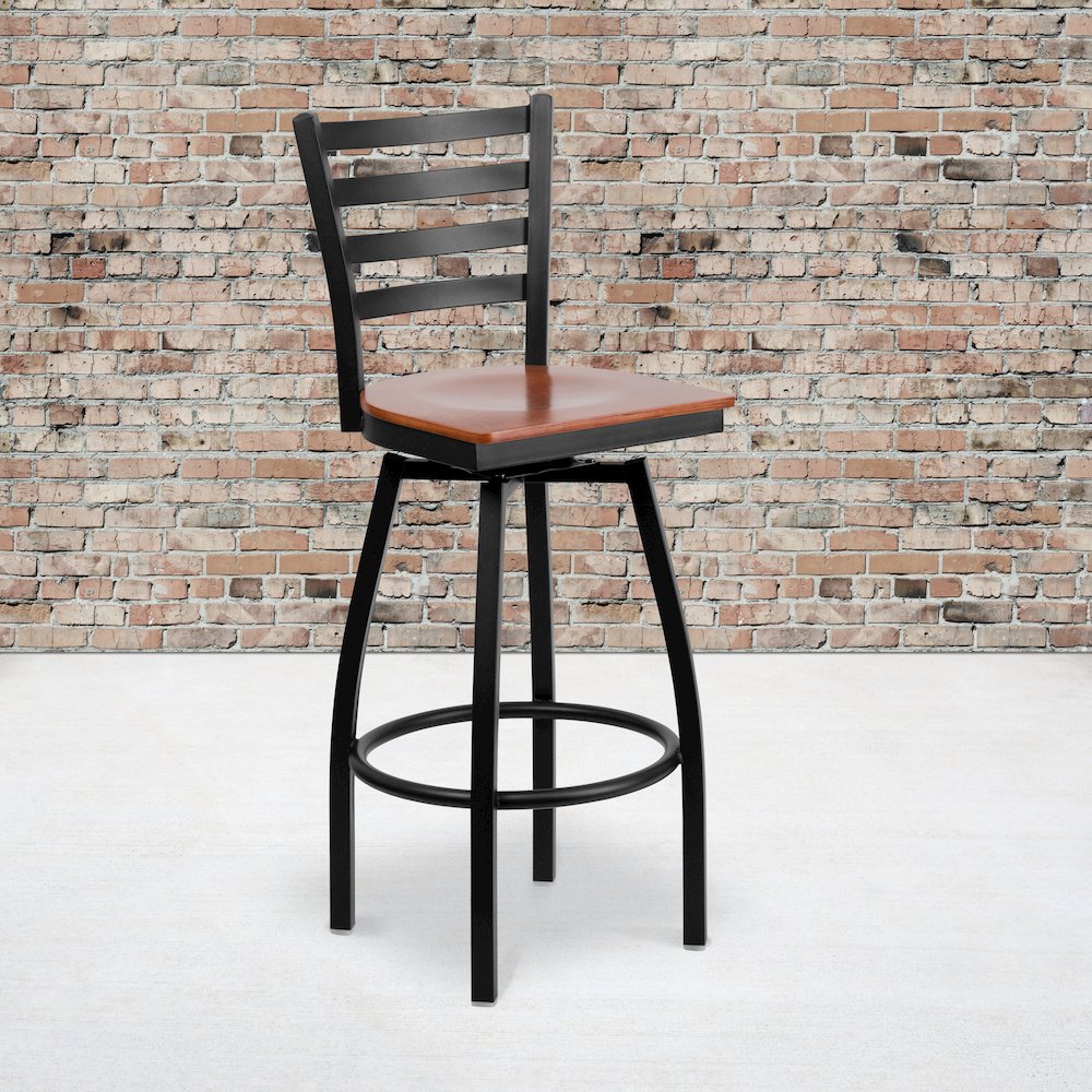Black Ladder Back Swivel Metal Barstool – Cherry Wood Seat