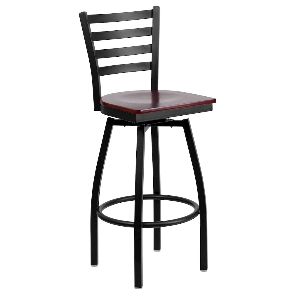 Black Ladder Back Swivel Metal Barstool – Mahogany Wood Seat