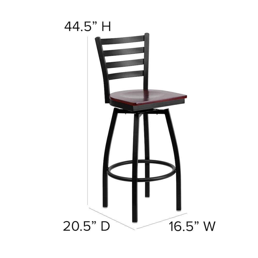 Black Ladder Back Swivel Metal Barstool – Mahogany Wood Seat