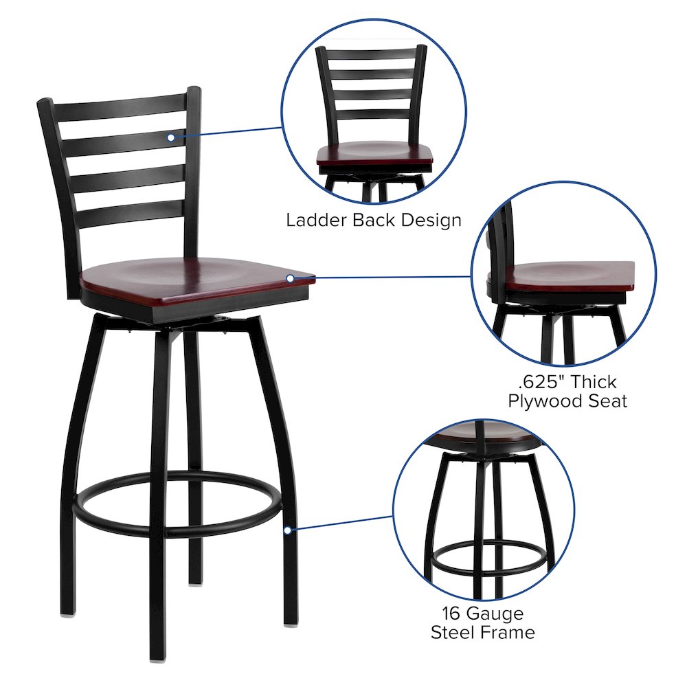 Black Ladder Back Swivel Metal Barstool – Mahogany Wood Seat