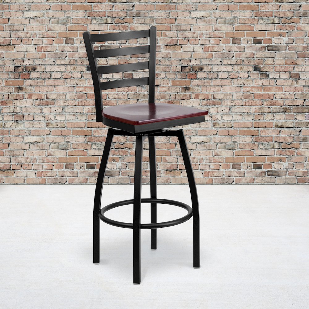 Black Ladder Back Swivel Metal Barstool – Mahogany Wood Seat