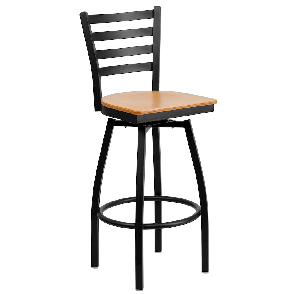 Black Ladder Back Swivel Metal Barstool – Natural Wood Seat