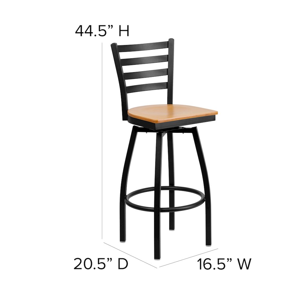 Black Ladder Back Swivel Metal Barstool – Natural Wood Seat