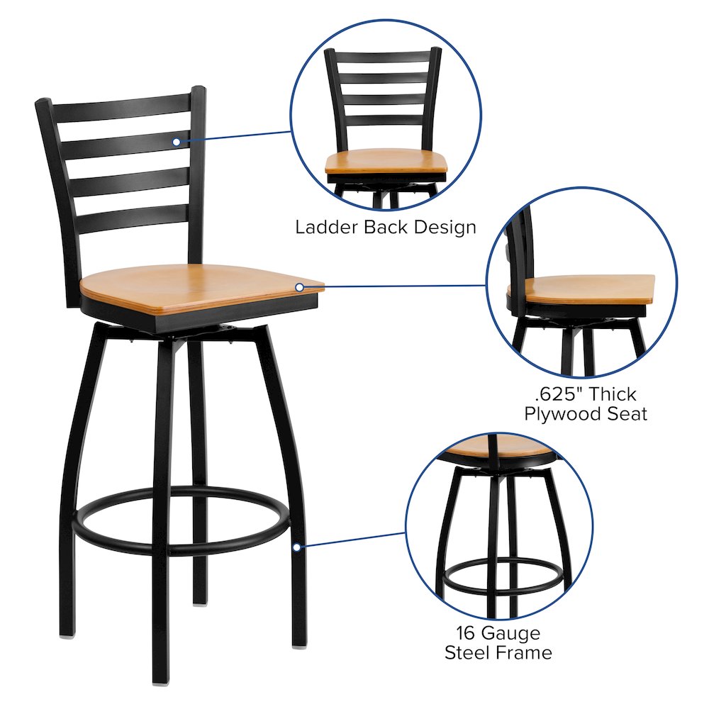 Black Ladder Back Swivel Metal Barstool – Natural Wood Seat