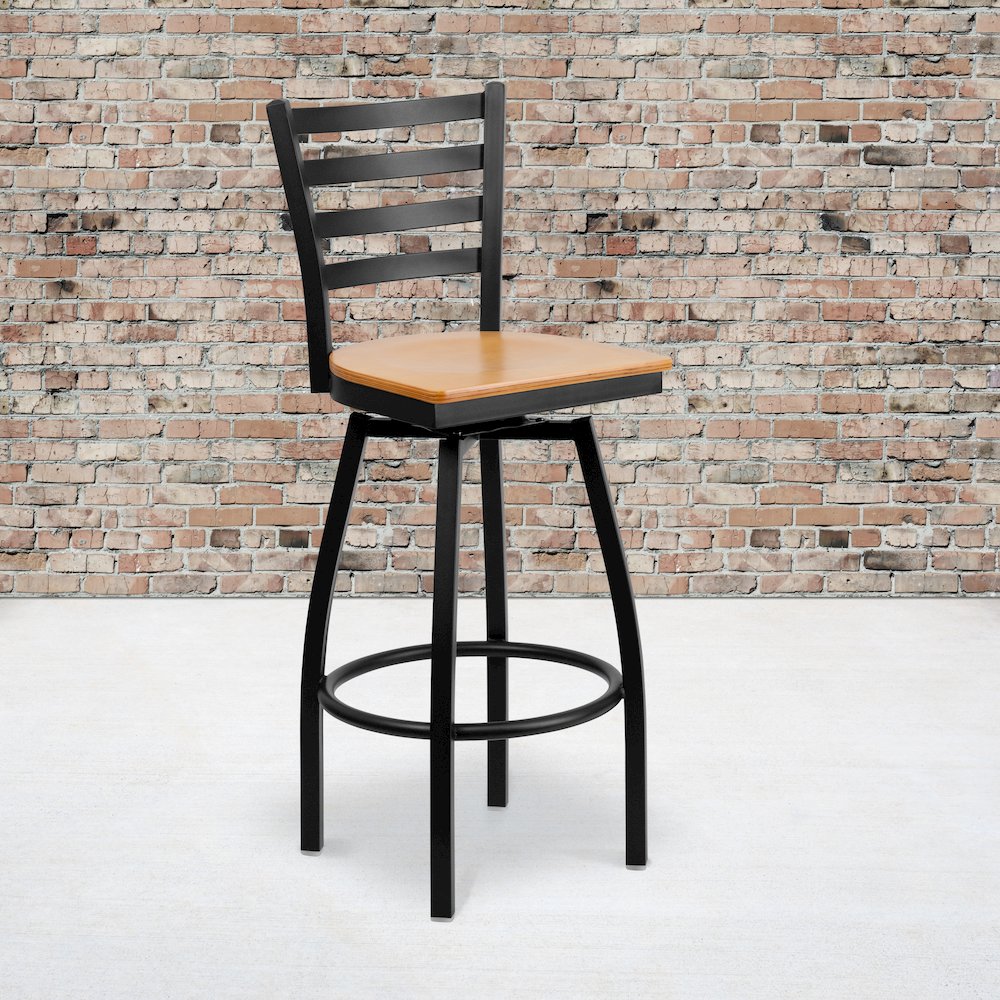 Black Ladder Back Swivel Metal Barstool – Natural Wood Seat