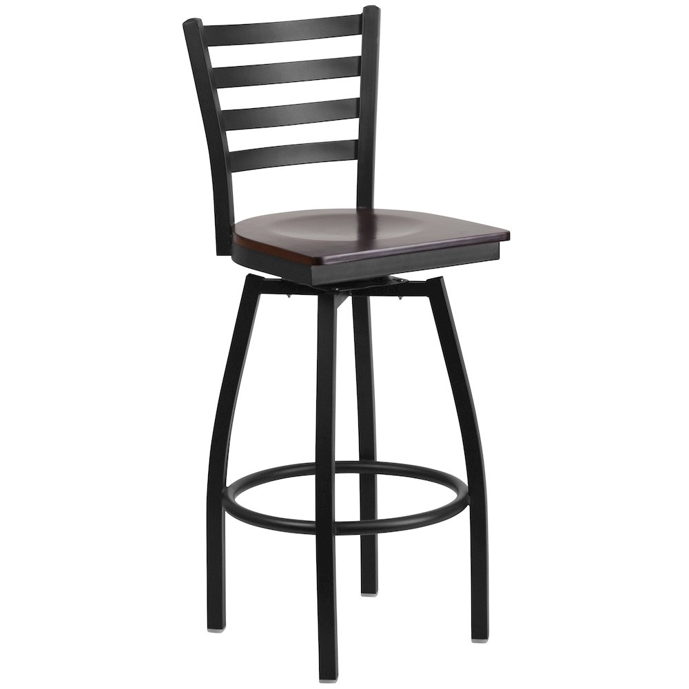 Black Ladder Back Swivel Metal Barstool – Walnut Wood Seat