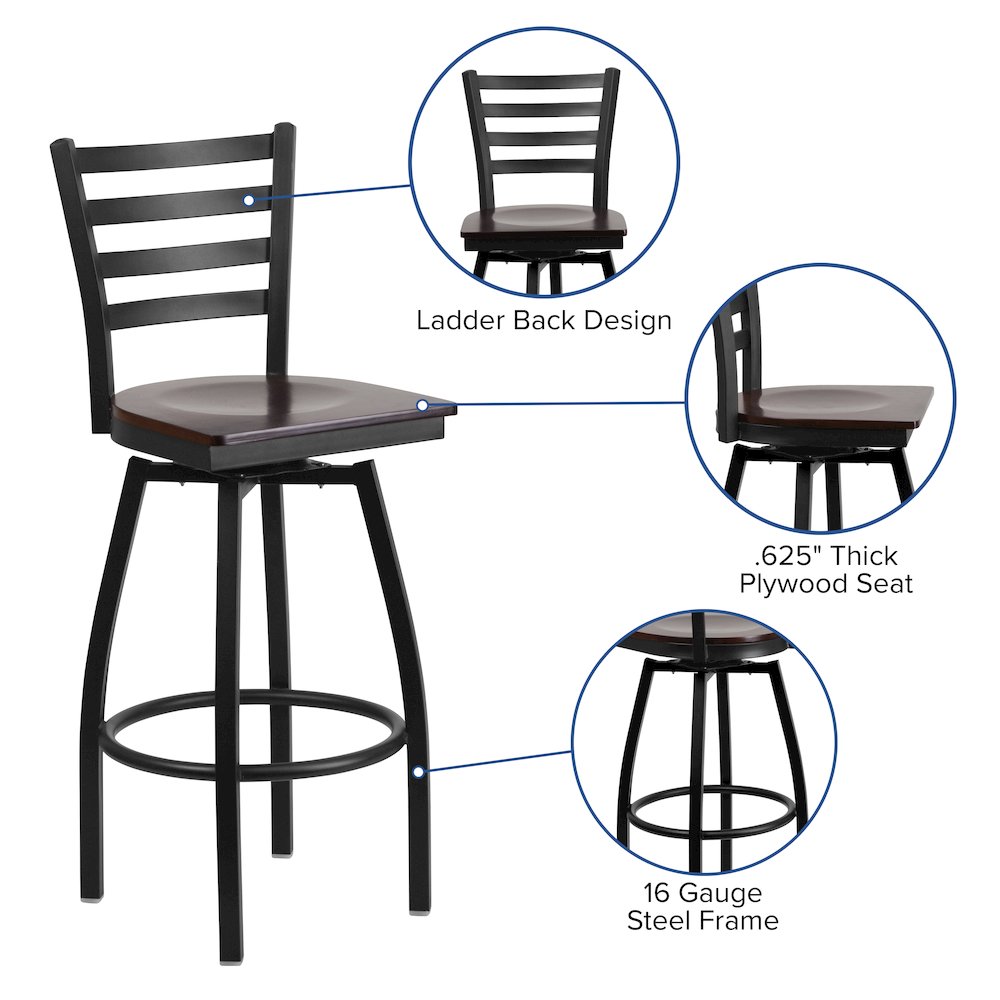 Black Ladder Back Swivel Metal Barstool – Walnut Wood Seat