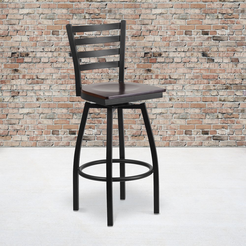 Black Ladder Back Swivel Metal Barstool – Walnut Wood Seat