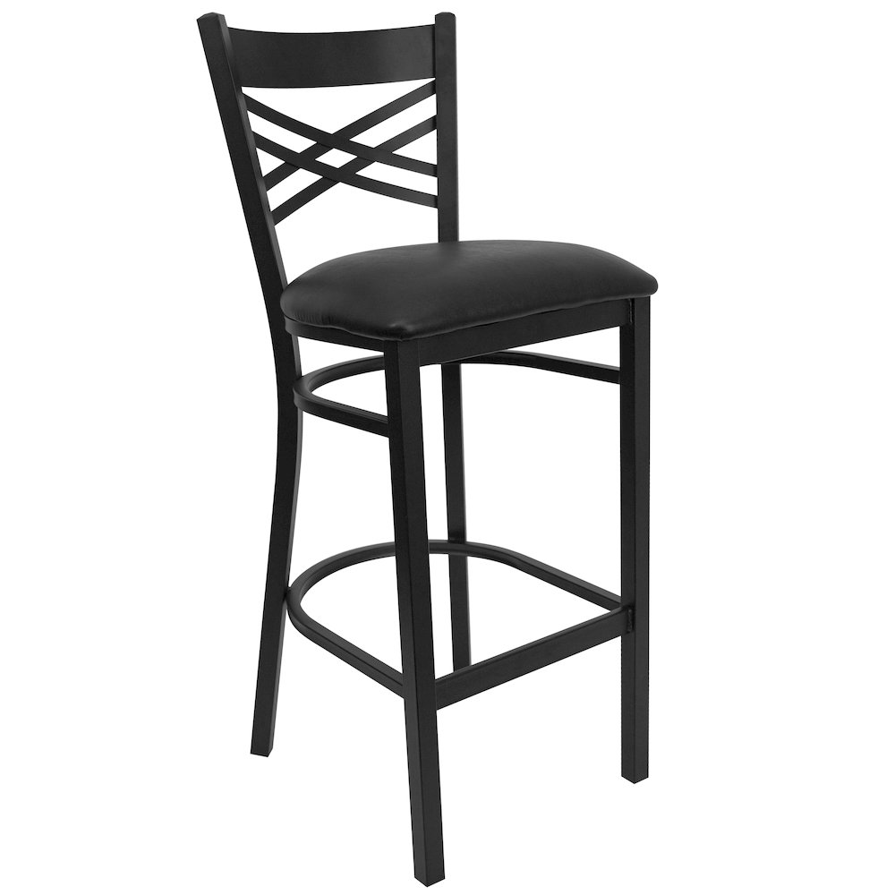 Black ”X” Back Metal Restaurant Barstool – Black Vinyl Seat