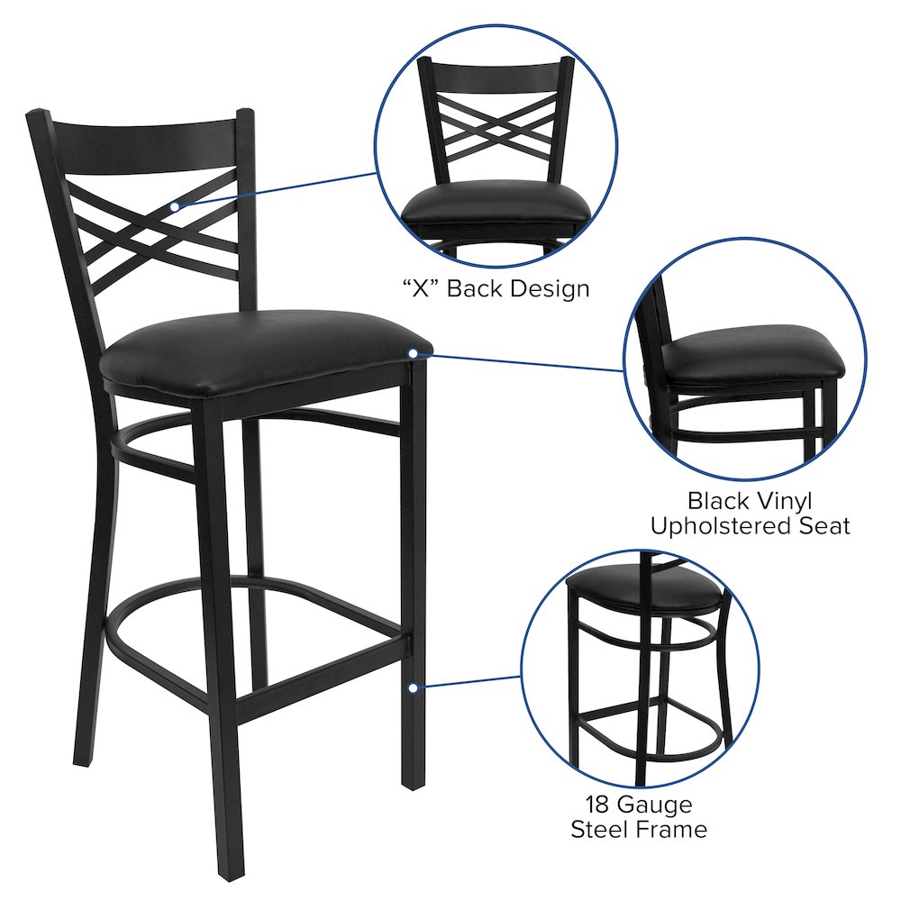 Black ”X” Back Metal Restaurant Barstool – Black Vinyl Seat