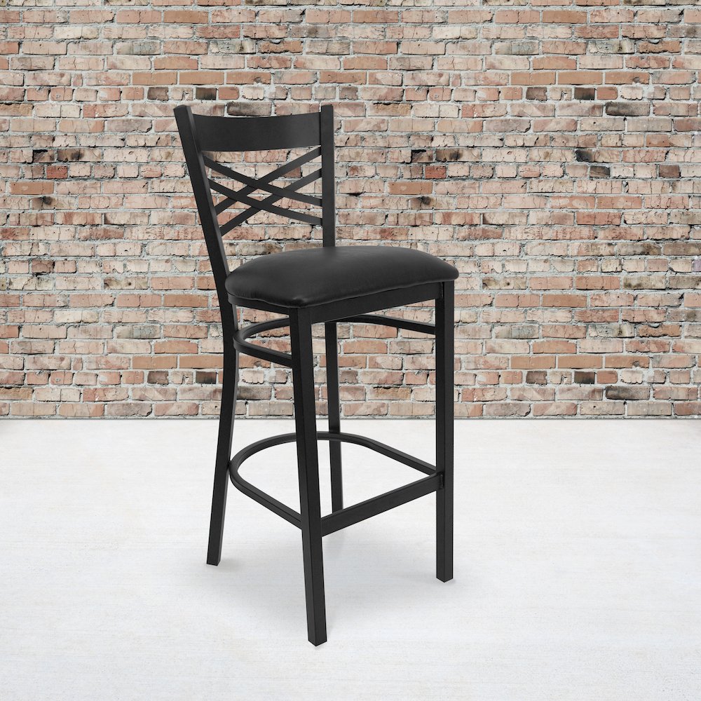 Black ”X” Back Metal Restaurant Barstool – Black Vinyl Seat