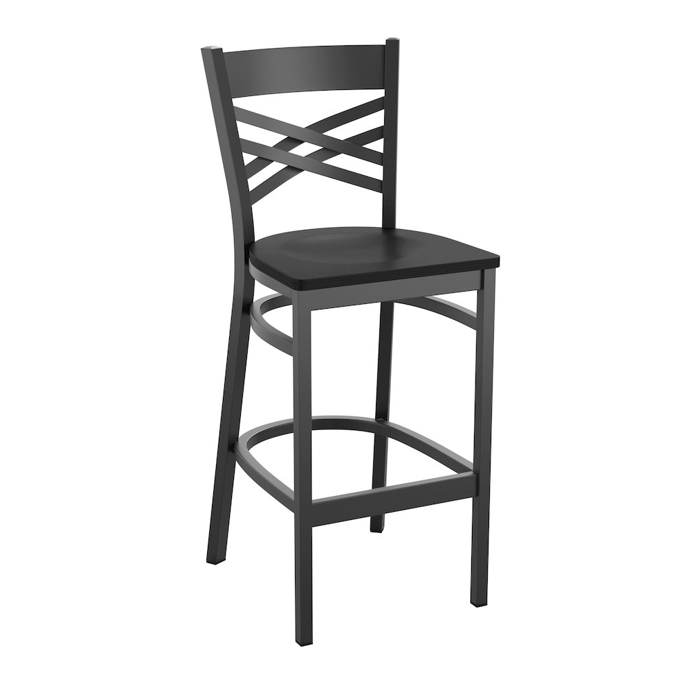 HERCULES Series Black ”X” Back Metal Restaurant Barstool – Black Wood Seat