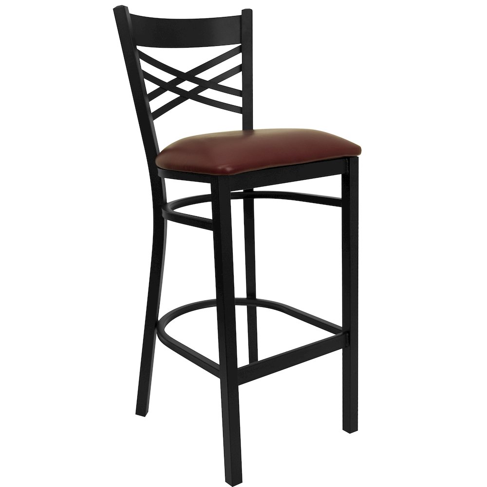 Black ”X” Back Metal Restaurant Barstool – Burgundy Vinyl Seat