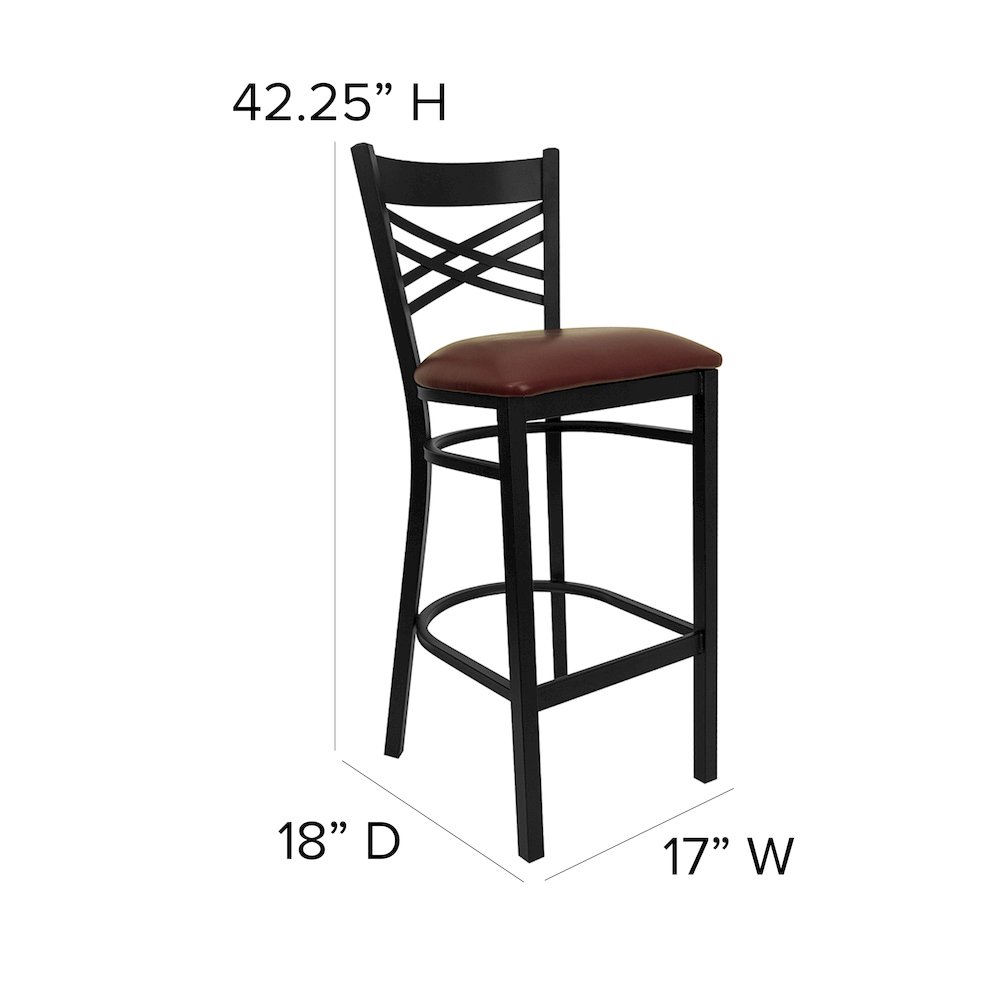 Black ”X” Back Metal Restaurant Barstool – Burgundy Vinyl Seat