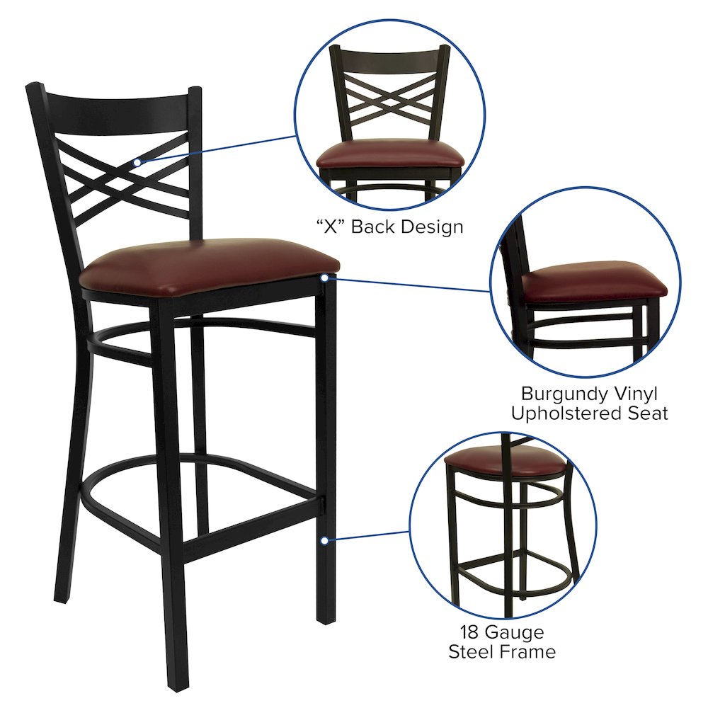 Black ”X” Back Metal Restaurant Barstool – Burgundy Vinyl Seat