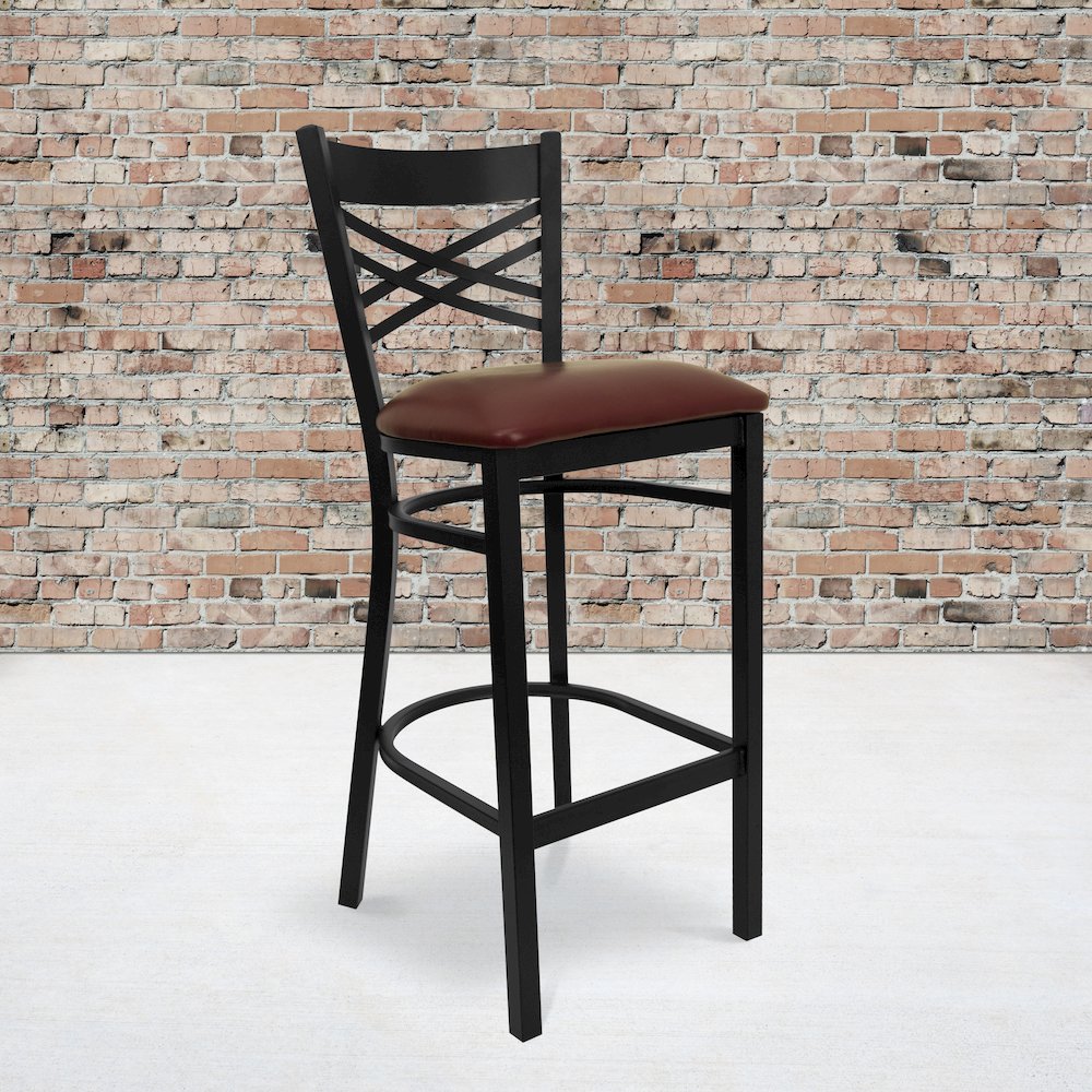 Black ”X” Back Metal Restaurant Barstool – Burgundy Vinyl Seat