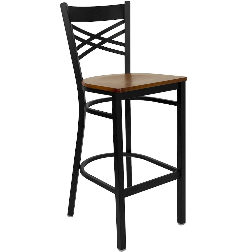 Black ”X” Back Metal Restaurant Barstool – Cherry Wood Seat