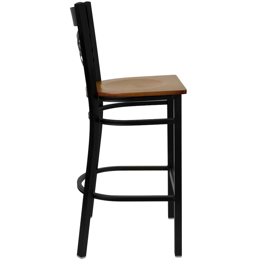 Black ”X” Back Metal Restaurant Barstool – Cherry Wood Seat