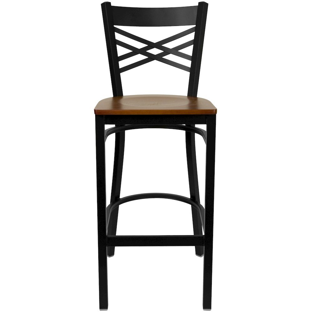 Black ”X” Back Metal Restaurant Barstool – Cherry Wood Seat