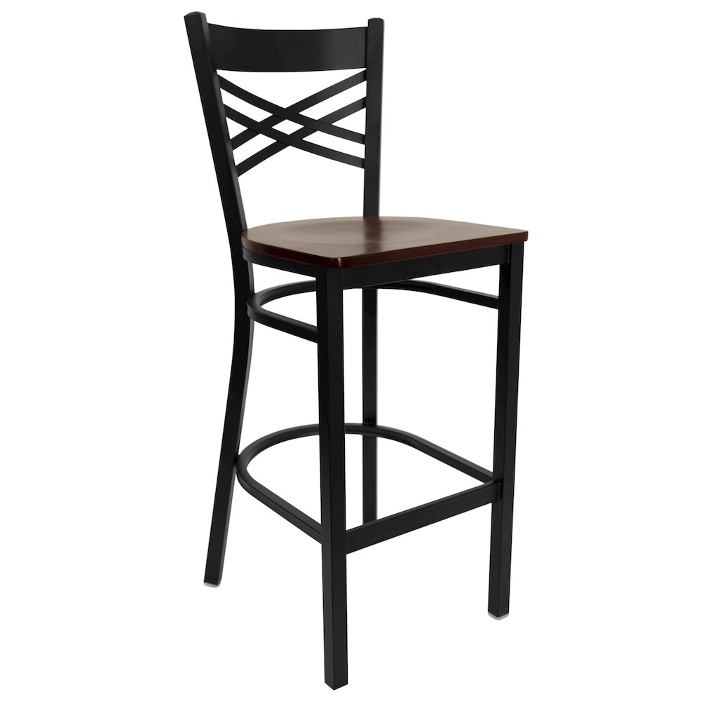 Black ”X” Back Metal Restaurant Barstool – Mahogany Wood Seat