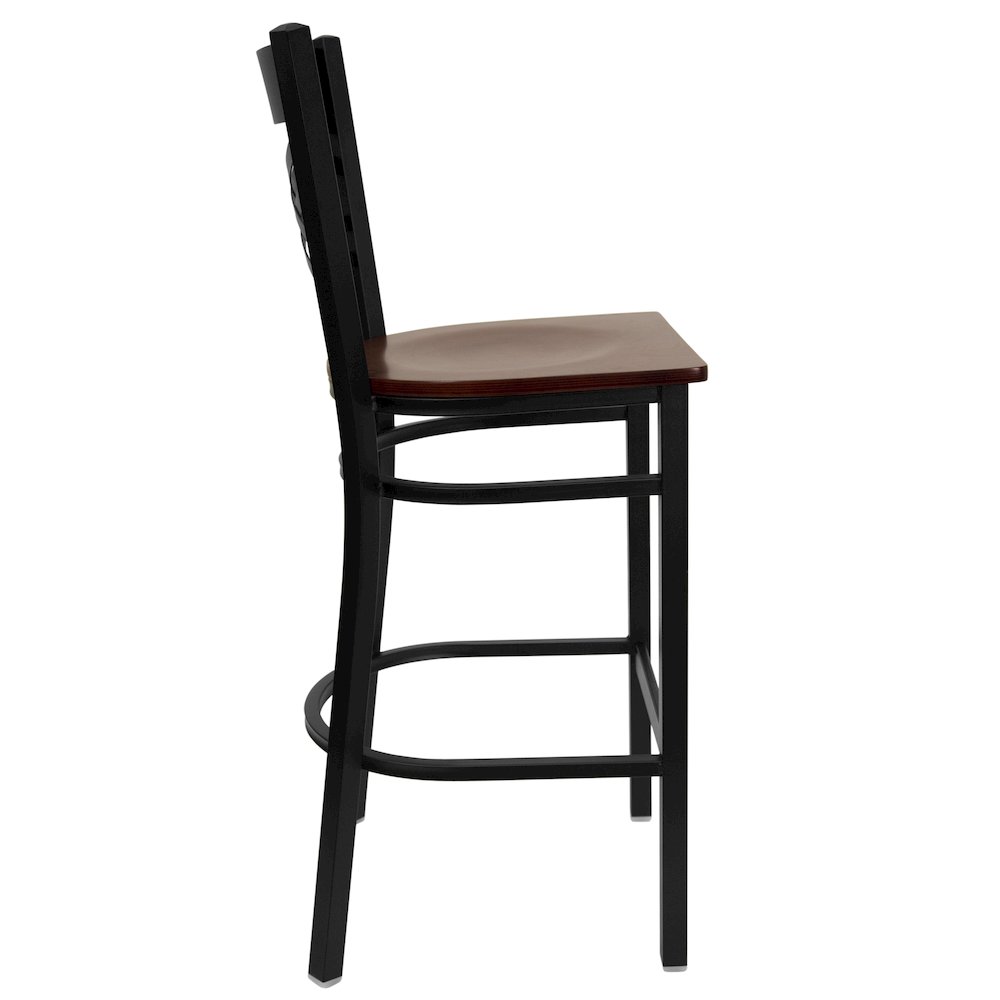 Black ”X” Back Metal Restaurant Barstool – Mahogany Wood Seat
