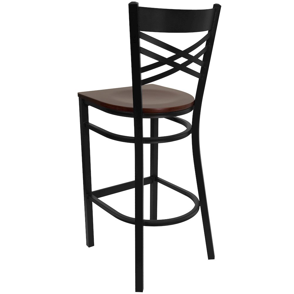 Black ”X” Back Metal Restaurant Barstool – Mahogany Wood Seat