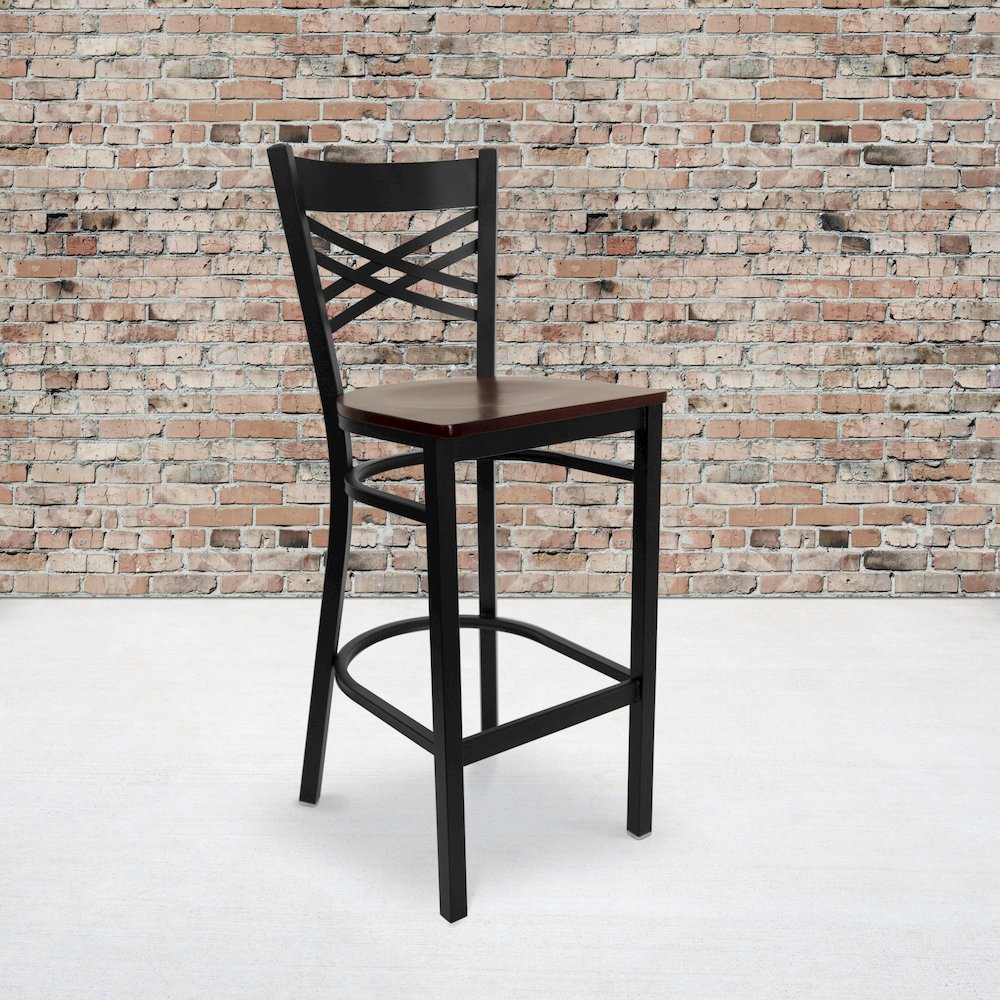 Black ”X” Back Metal Restaurant Barstool – Mahogany Wood Seat