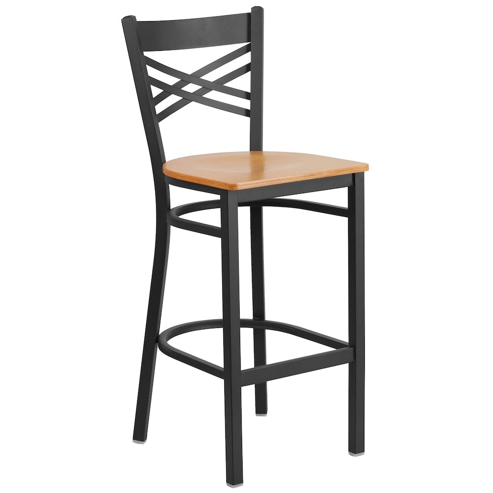Black ”X” Back Metal Restaurant Barstool – Natural Wood Seat
