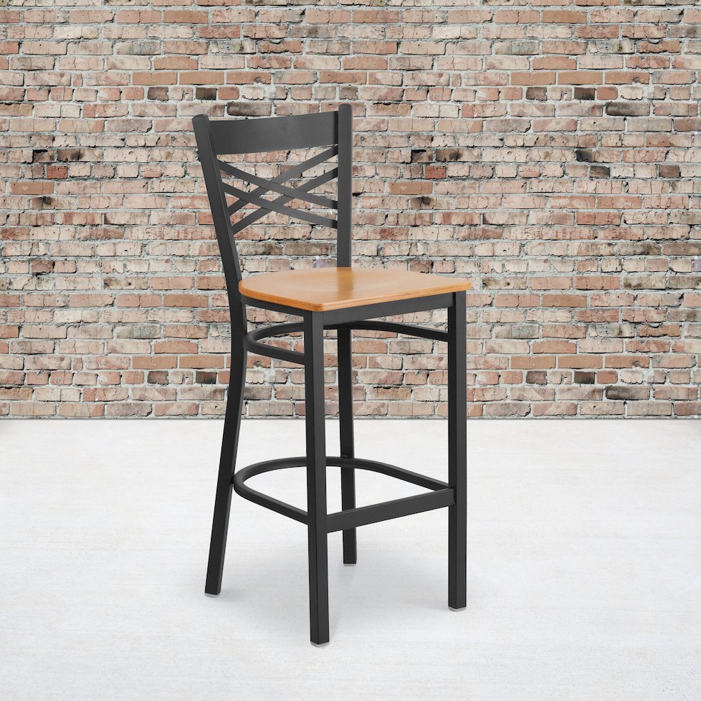 Black ”X” Back Metal Restaurant Barstool – Natural Wood Seat