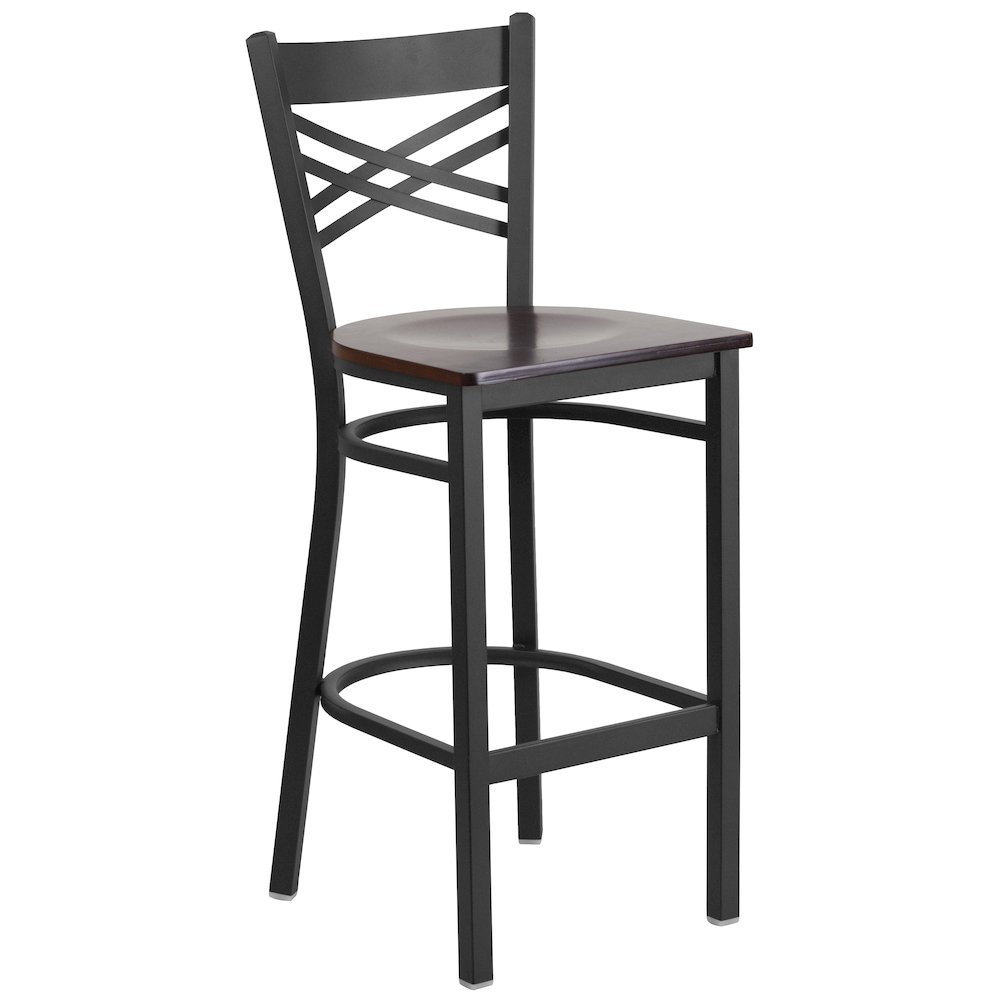 Black ”X” Back Metal Restaurant Barstool – Walnut Wood Seat