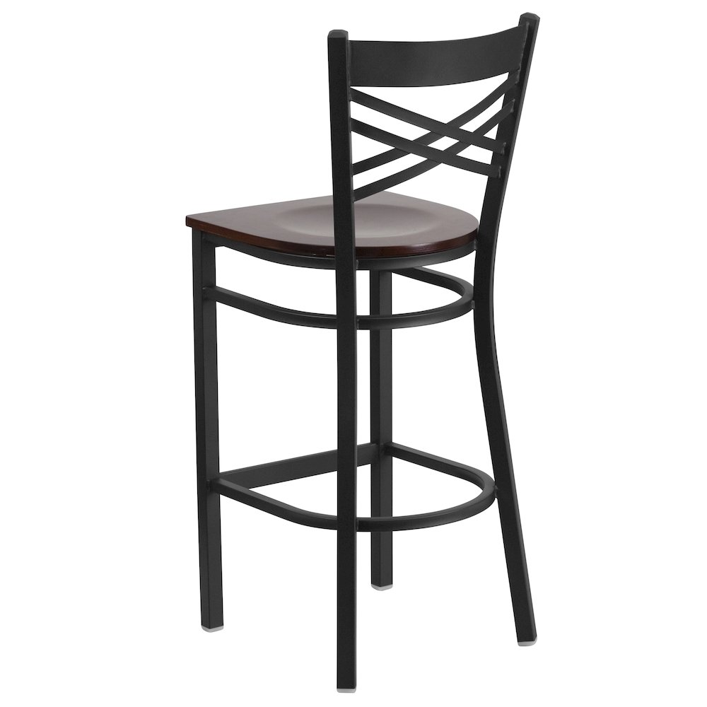 Black ”X” Back Metal Restaurant Barstool – Walnut Wood Seat