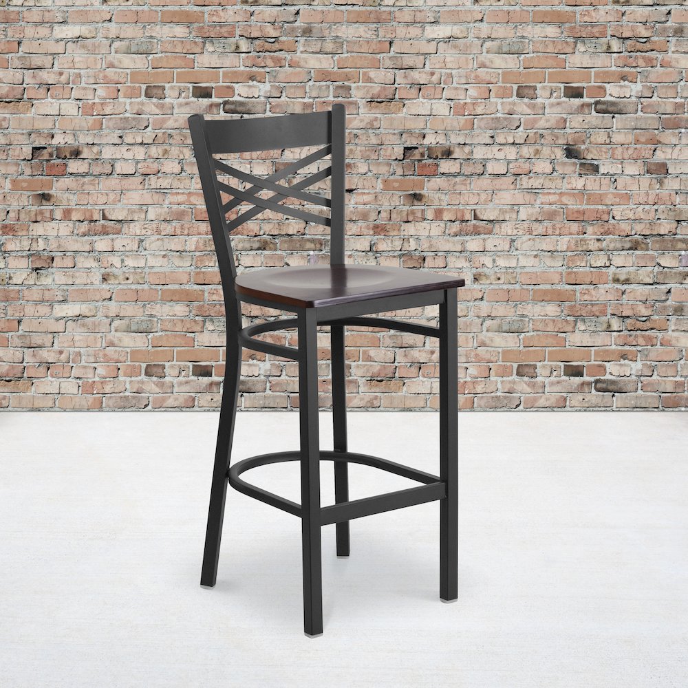 Black ”X” Back Metal Restaurant Barstool – Walnut Wood Seat