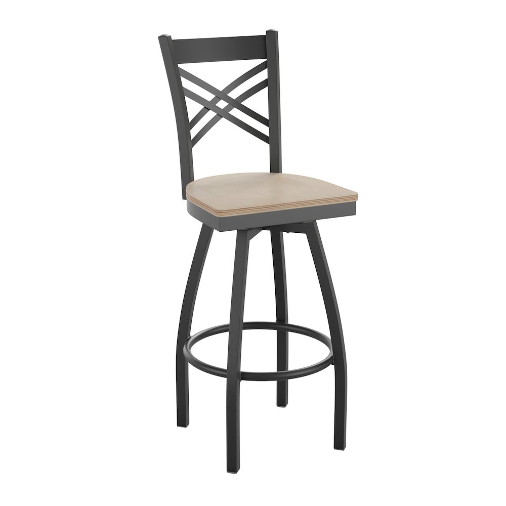 HERCULES Series Black ”X” Back Swivel Metal Barstool – Antique White Wood Seat