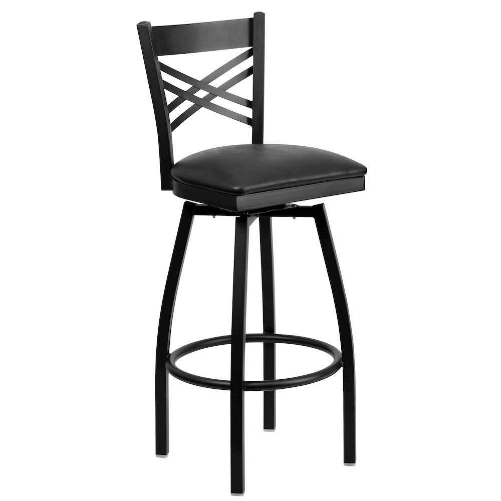 Black ”X” Back Swivel Metal Barstool – Black Vinyl Seat
