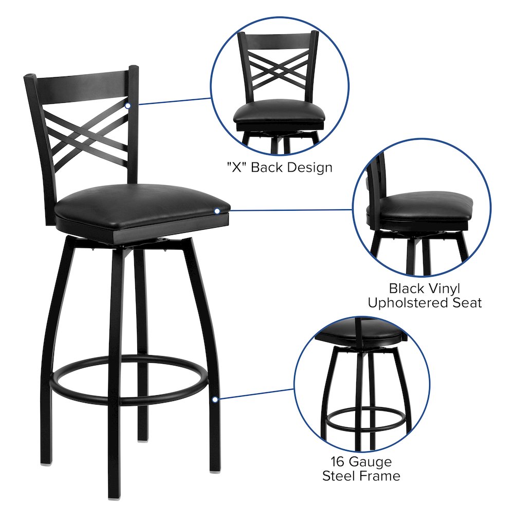 Black ”X” Back Swivel Metal Barstool – Black Vinyl Seat