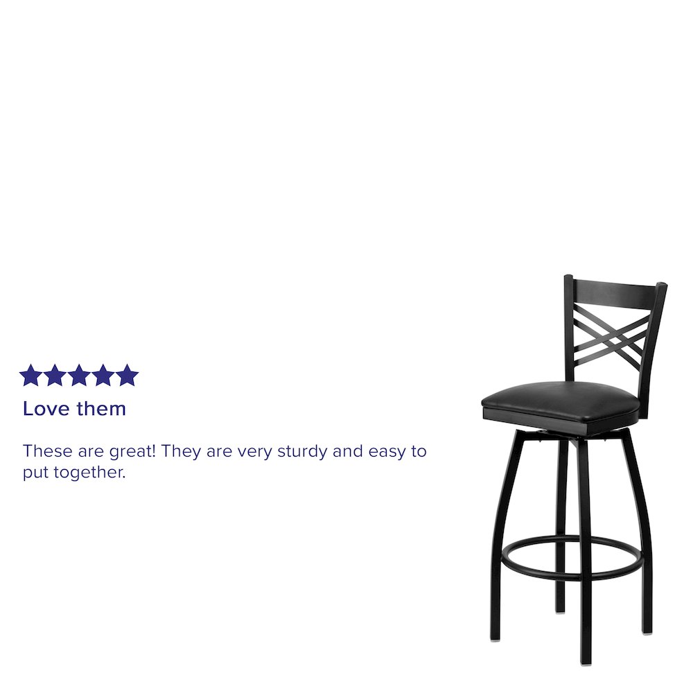 Black ”X” Back Swivel Metal Barstool – Black Vinyl Seat
