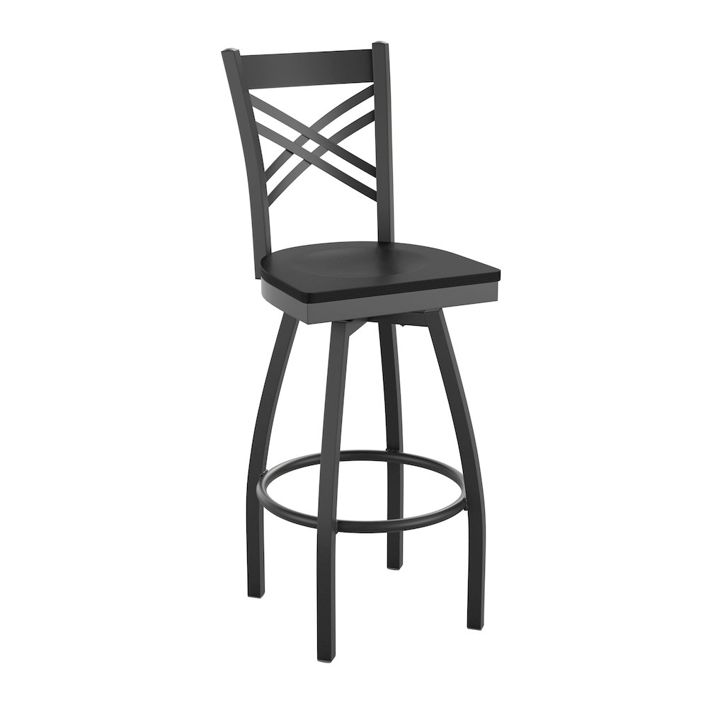 HERCULES Series Black ”X” Back Swivel Metal Barstool – Black Wood Seat