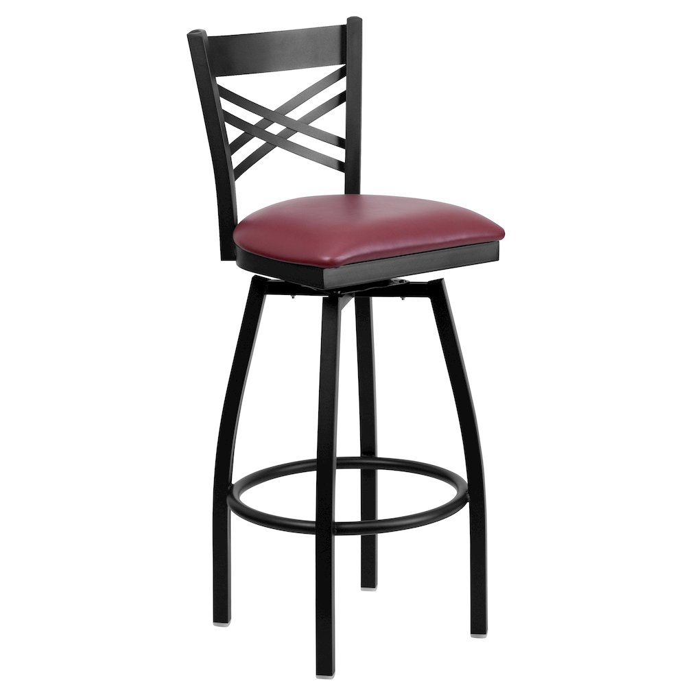 Black ”X” Back Swivel Metal Barstool – Burgundy Vinyl Seat