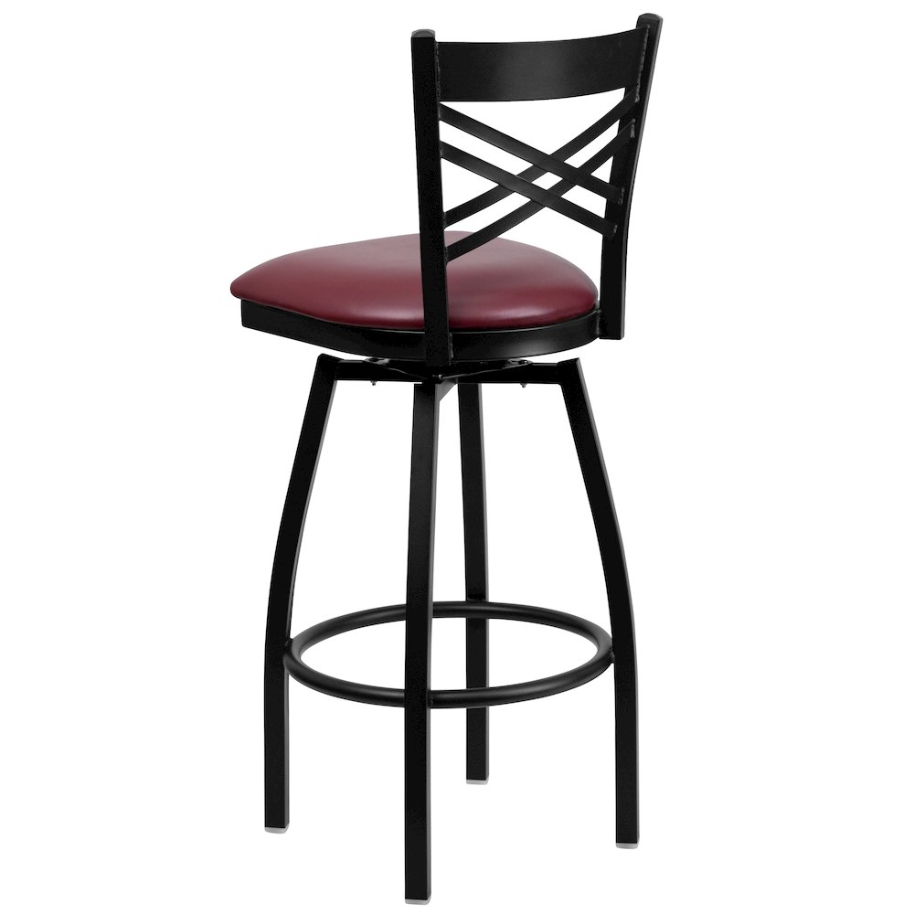 Black ”X” Back Swivel Metal Barstool – Burgundy Vinyl Seat