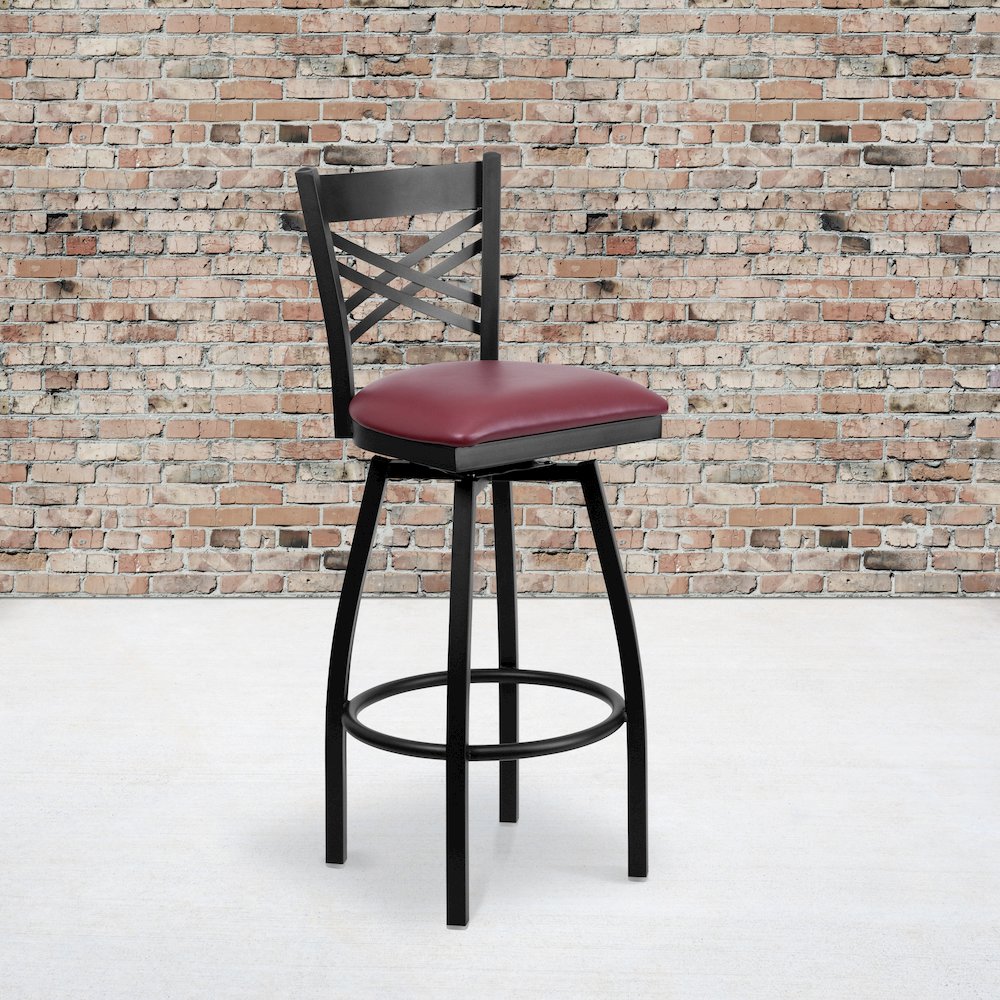 Black ”X” Back Swivel Metal Barstool – Burgundy Vinyl Seat