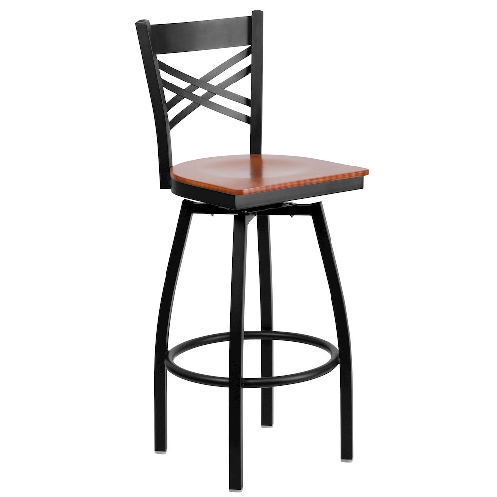 Black ”X” Back Swivel Metal Barstool – Cherry Wood Seat