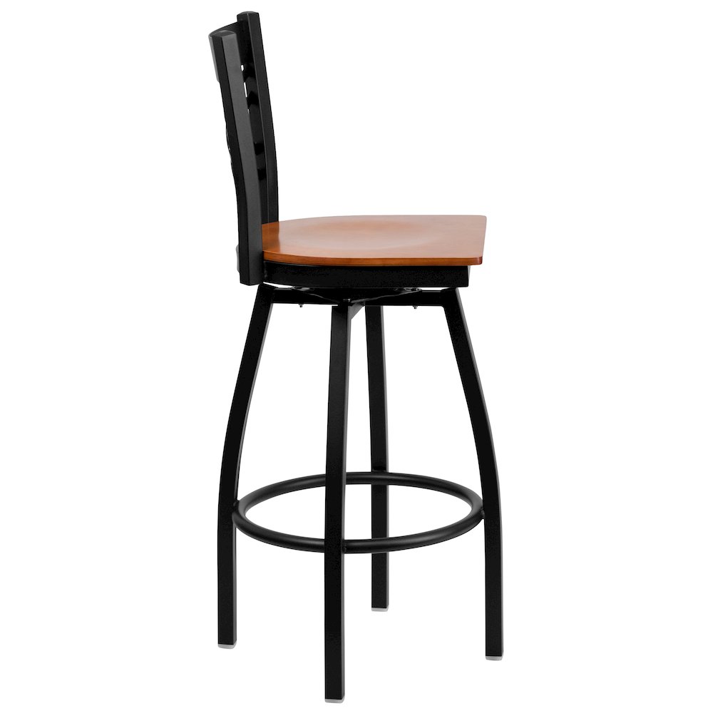 Black ”X” Back Swivel Metal Barstool – Cherry Wood Seat