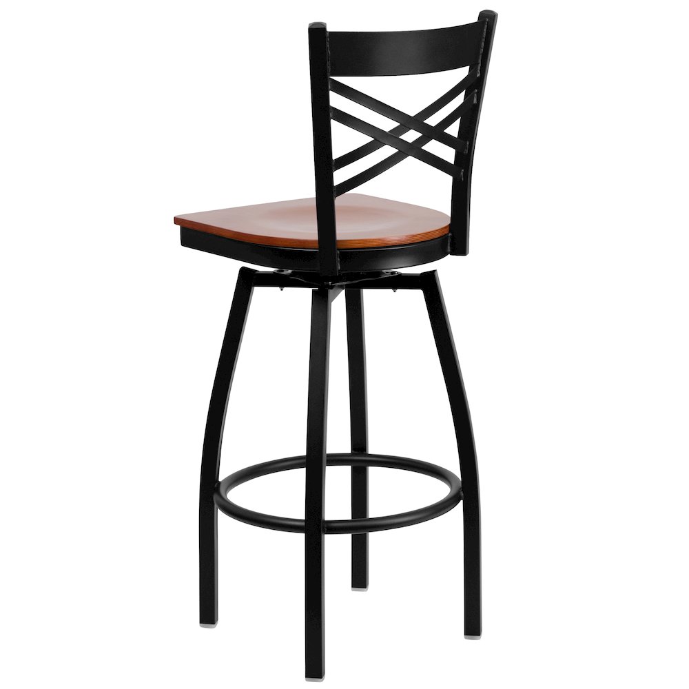 Black ”X” Back Swivel Metal Barstool – Cherry Wood Seat