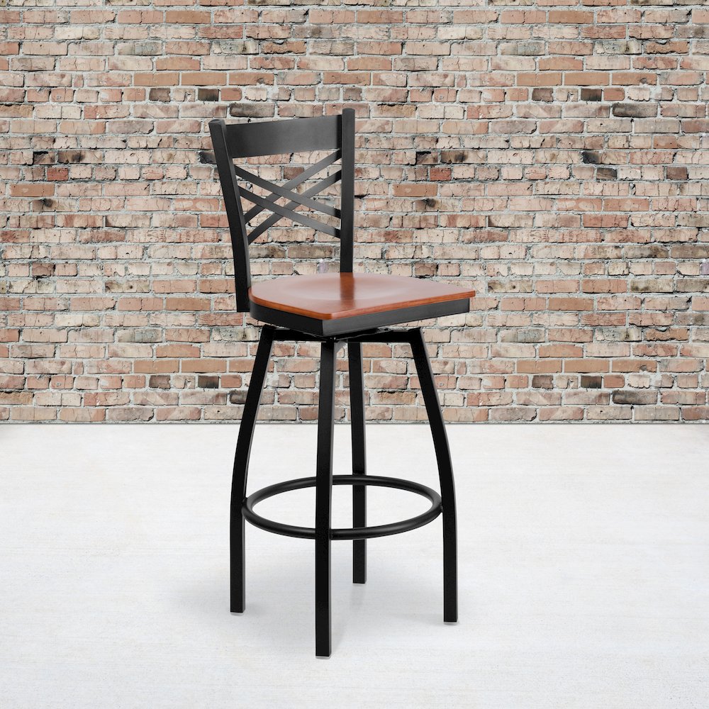 Black ”X” Back Swivel Metal Barstool – Cherry Wood Seat