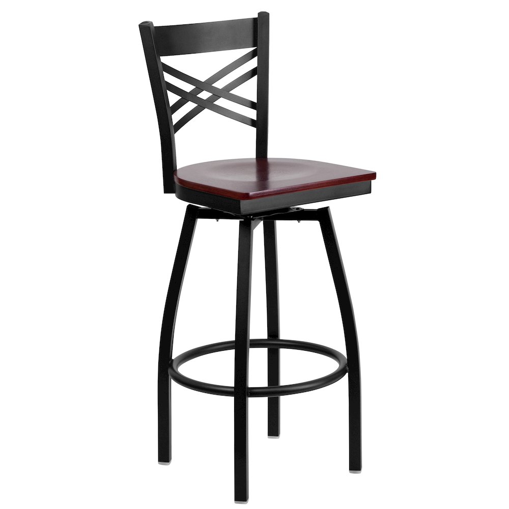 Black ”X” Back Swivel Metal Barstool – Mahogany Wood Seat