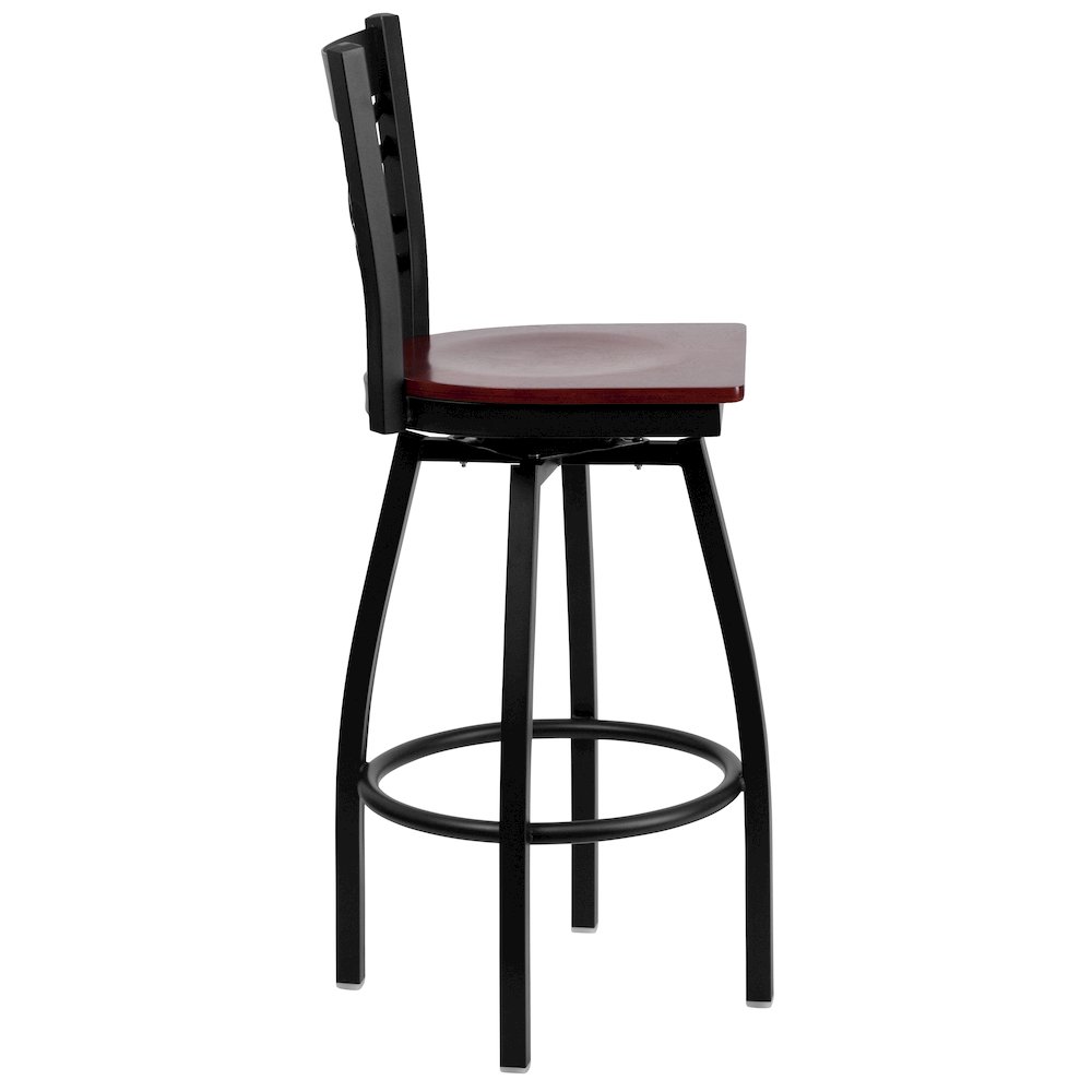 Black ”X” Back Swivel Metal Barstool – Mahogany Wood Seat