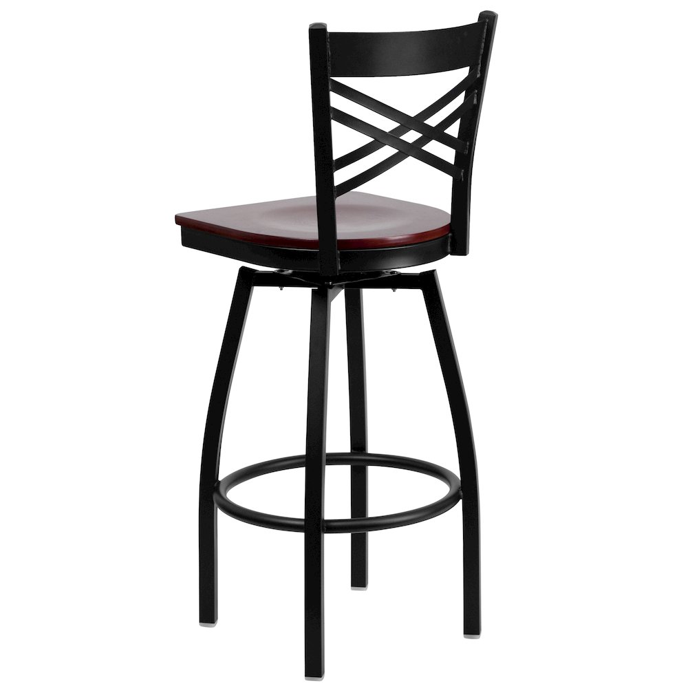 Black ”X” Back Swivel Metal Barstool – Mahogany Wood Seat
