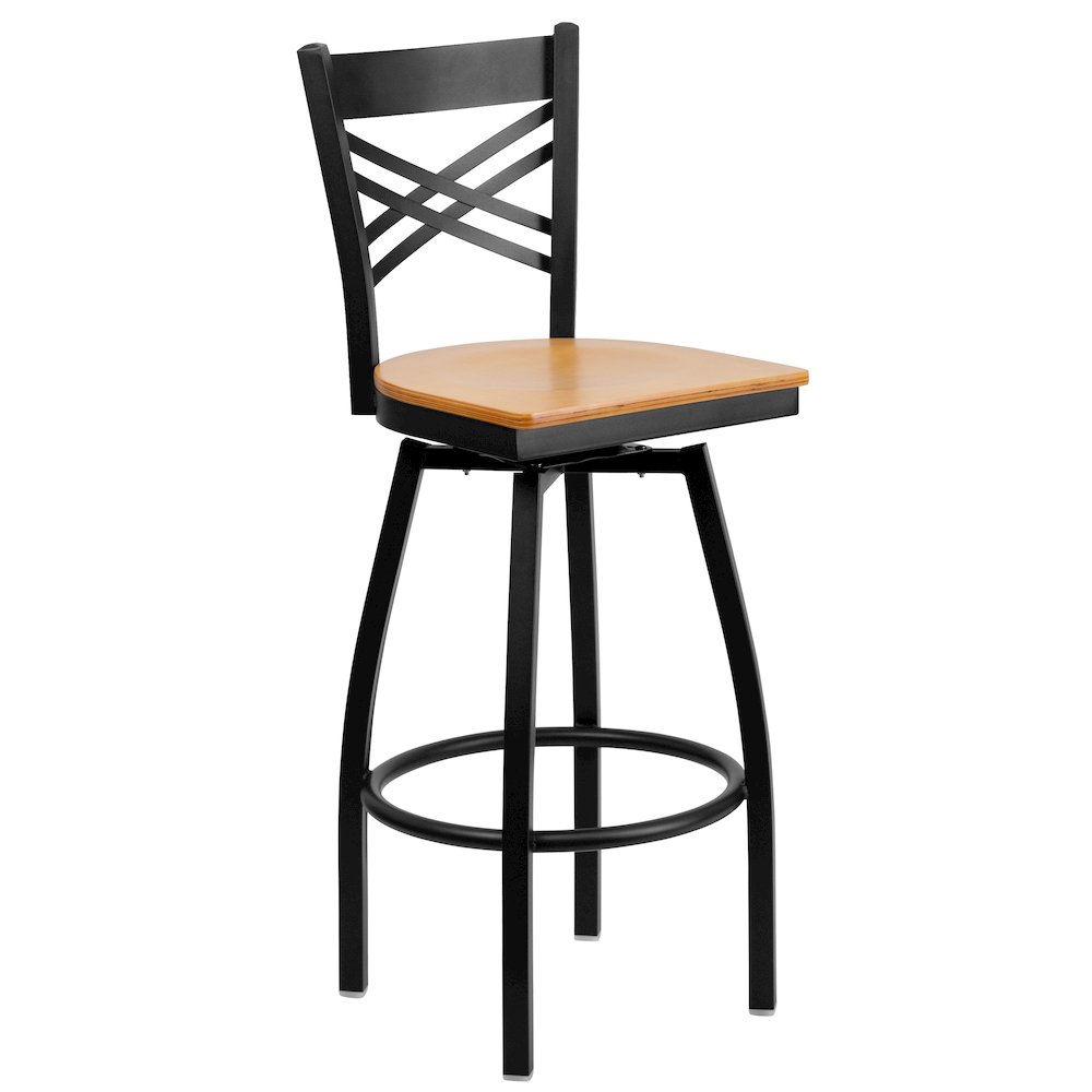 Black ”X” Back Swivel Metal Barstool – Natural Wood Seat