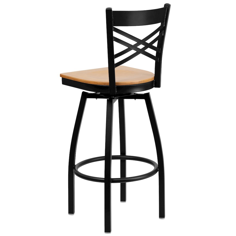 Black ”X” Back Swivel Metal Barstool – Natural Wood Seat